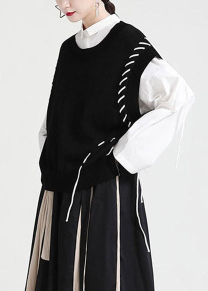 Schwarze Strickweste O-Ausschnitt Kordelzug Asymmetrisch Frühling