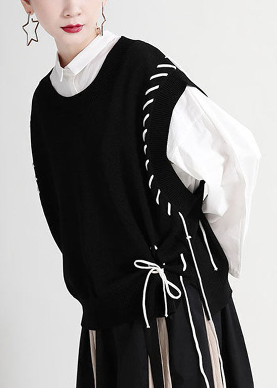 Schwarze Strickweste O-Ausschnitt Kordelzug Asymmetrisch Frühling