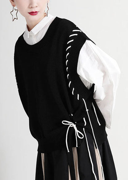 Schwarze Strickweste O-Ausschnitt Kordelzug Asymmetrisch Frühling