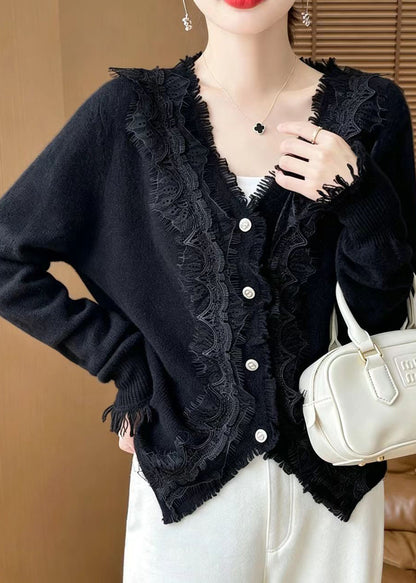 Black Lace Patchwork Knit Cardigan V Neck Long Sleeve