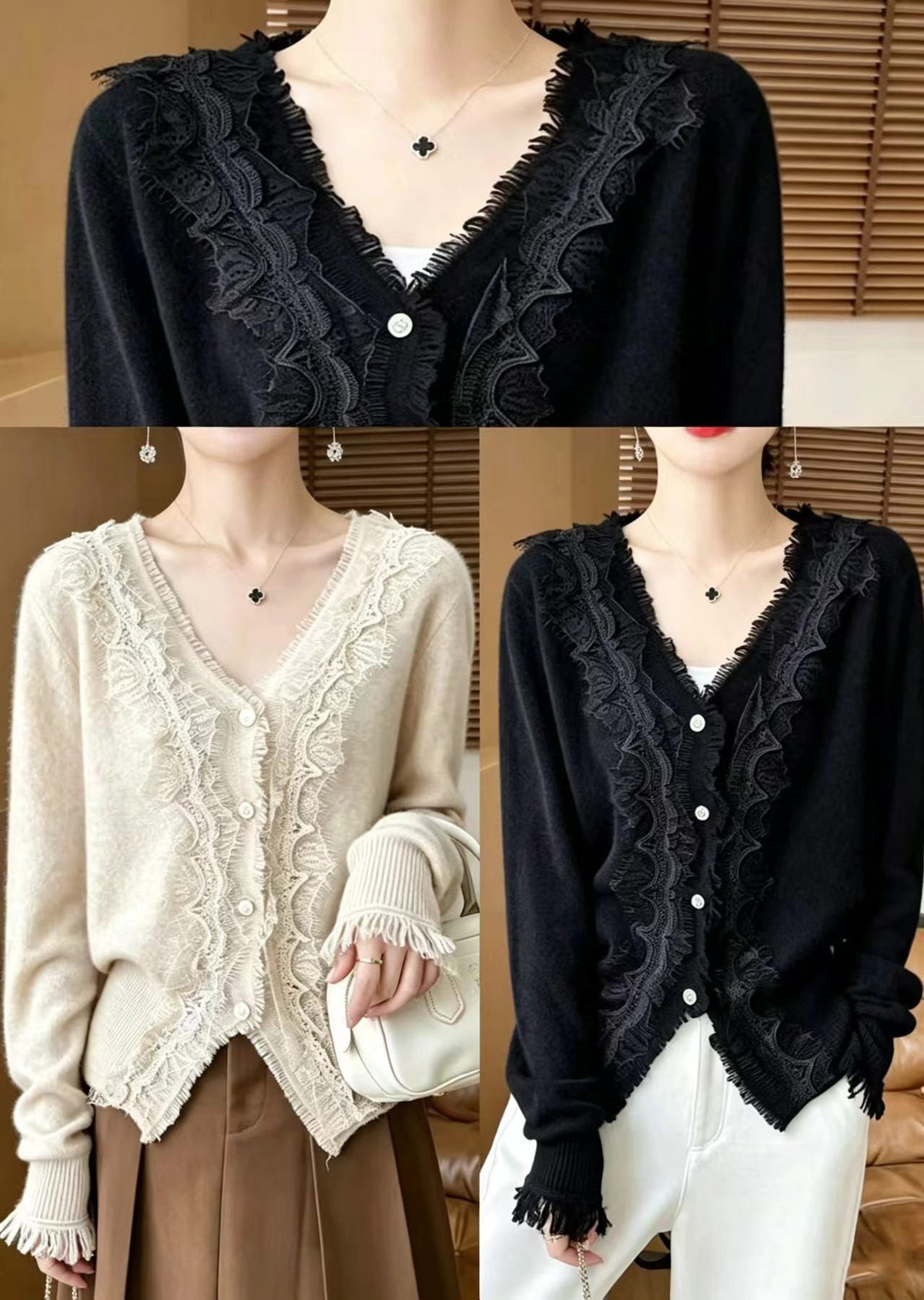 Black Lace Patchwork Knit Cardigan V Neck Long Sleeve