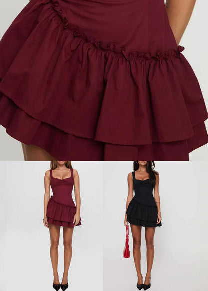 Black Lace Up Cotton Spaghetti Strap Dress Ruffled Sleeveless