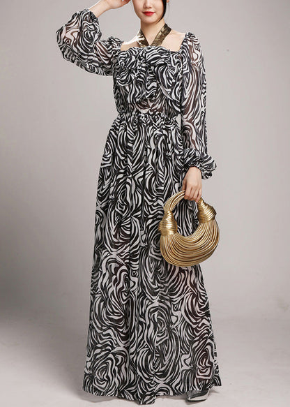 Black Lace Up Elastic Waist Chiffon Jumpsuit Square Collar