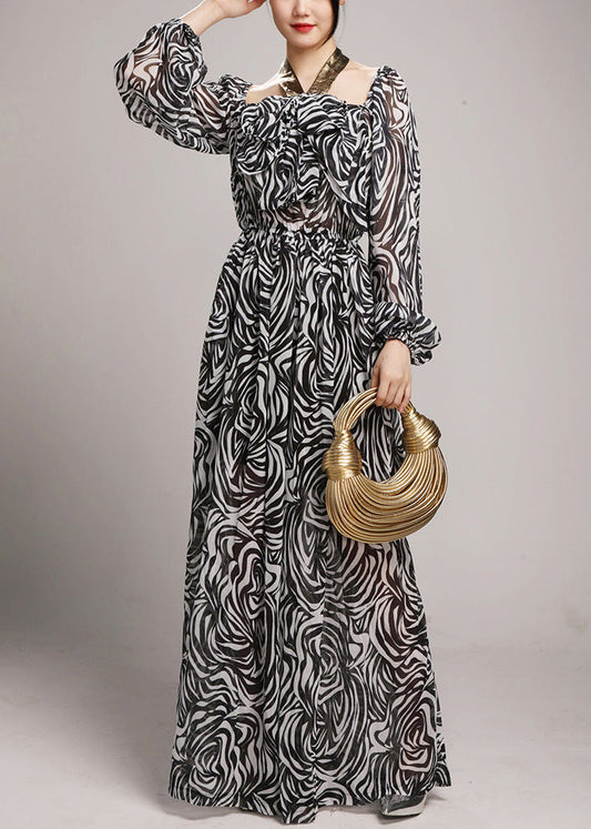 Black Lace Up Elastic Waist Chiffon Jumpsuit Square Collar