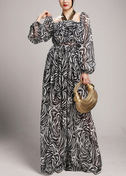 Black Lace Up Elastic Waist Chiffon Jumpsuit Square Collar