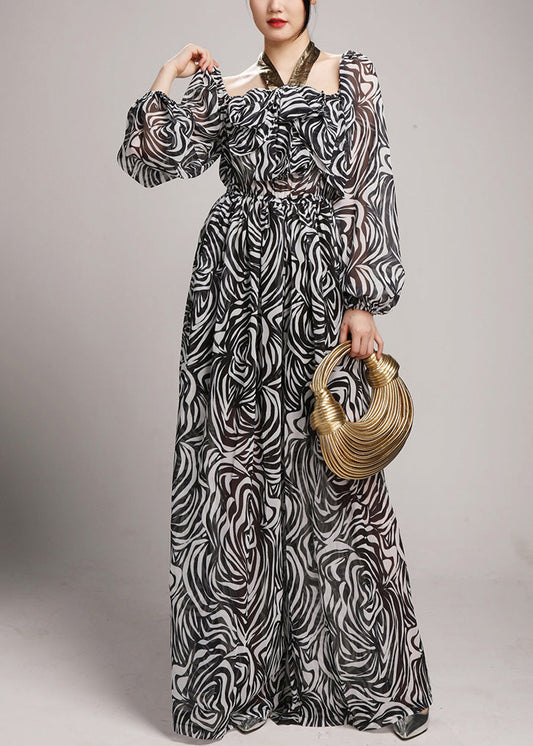 Black Lace Up Elastic Waist Chiffon Jumpsuit Square Collar