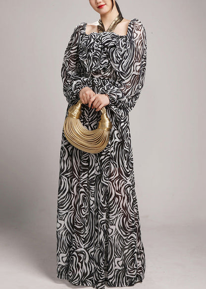 Black Lace Up Elastic Waist Chiffon Jumpsuit Square Collar