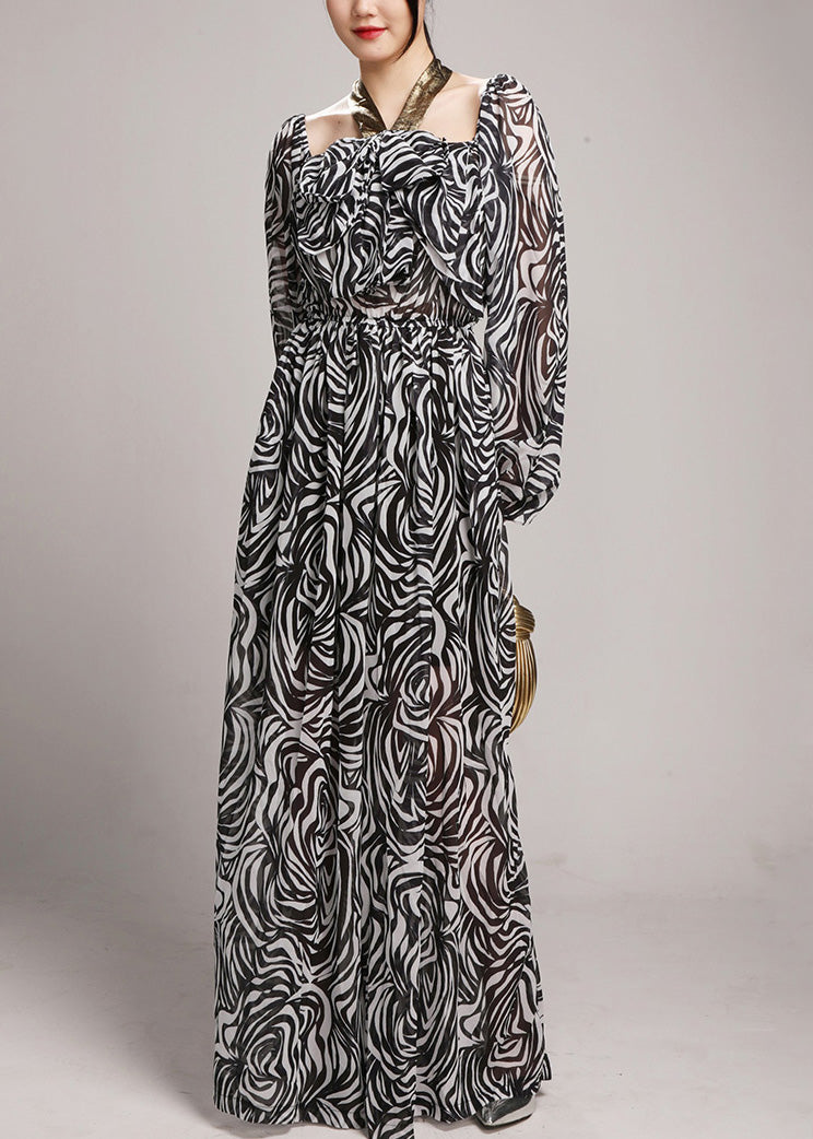 Black Lace Up Elastic Waist Chiffon Jumpsuit Square Collar