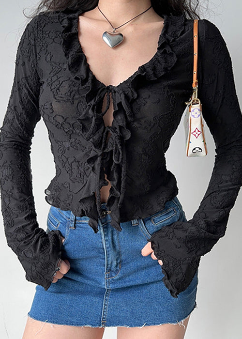 Schwarzes, gerüschtes Baumwollhemd mit Schnürung und Jacquard-Muster