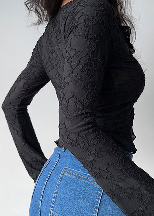 Schwarzes, gerüschtes Baumwollhemd mit Schnürung und Jacquard-Muster