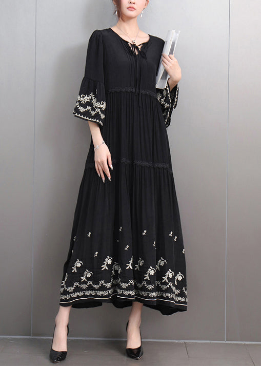 Black Lace Up Ruffled Cotton Long Dresses Embroidered Flare Sleeve