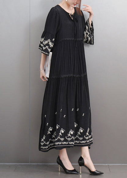 Black Lace Up Ruffled Cotton Long Dresses Embroidered Flare Sleeve