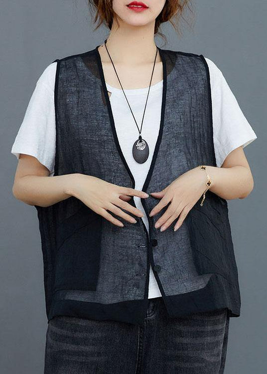 Black Linen Cardigan Vest Large Women Summer - SooLinen