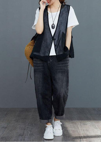 Black Linen Cardigan Vest Large Women Summer - SooLinen