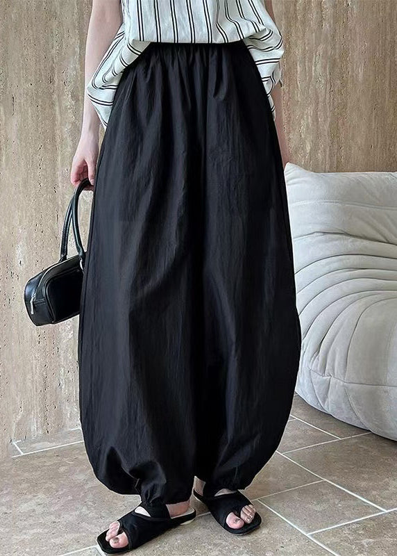 Black Loose Cotton Lantern Pants Elastic Waist Summer