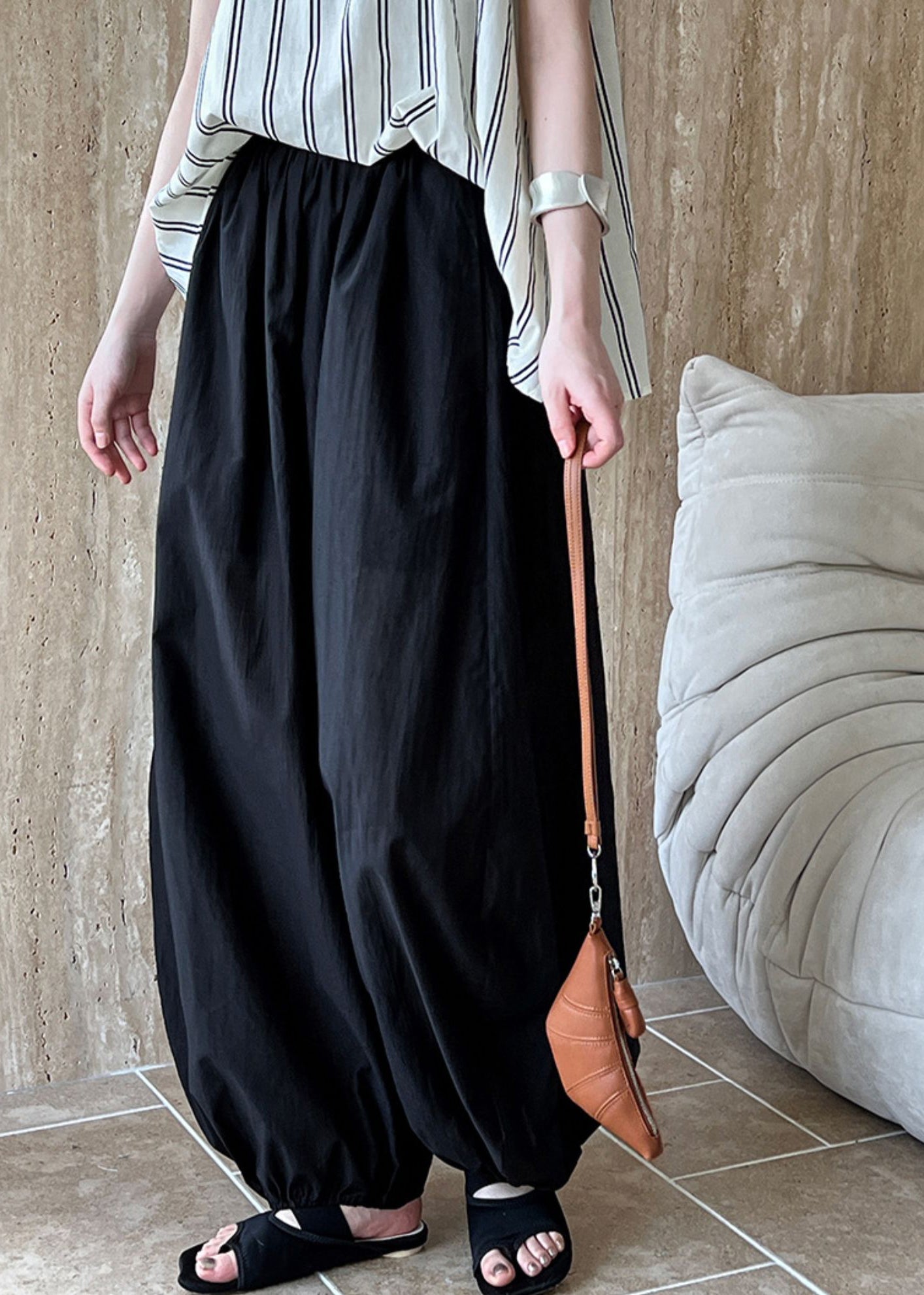 Black Loose Cotton Lantern Pants Elastic Waist Summer