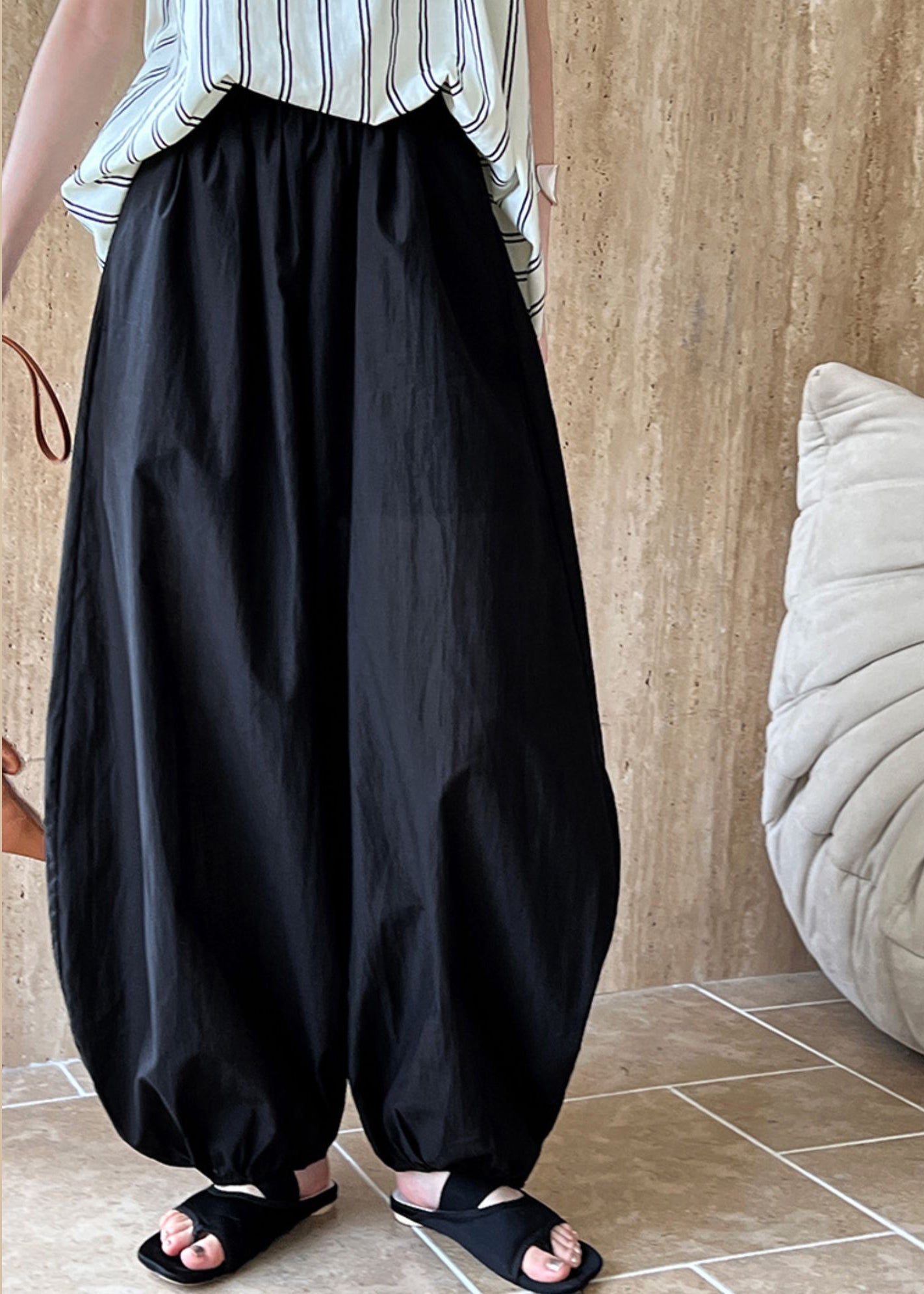 Black Loose Cotton Lantern Pants Elastic Waist Summer