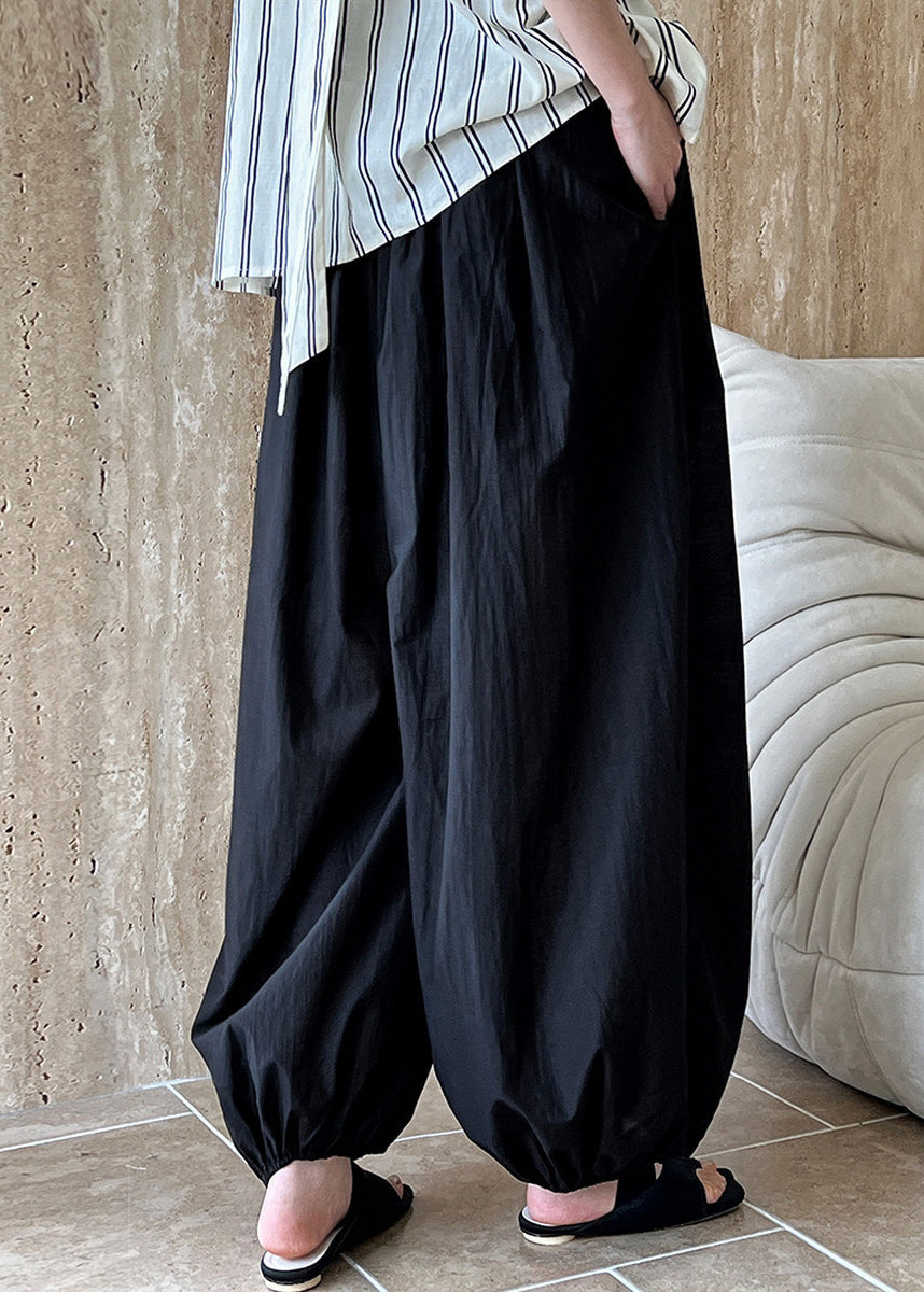 Black Loose Cotton Lantern Pants Elastic Waist Summer