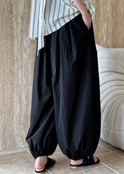 Black Loose Cotton Lantern Pants Elastic Waist Summer