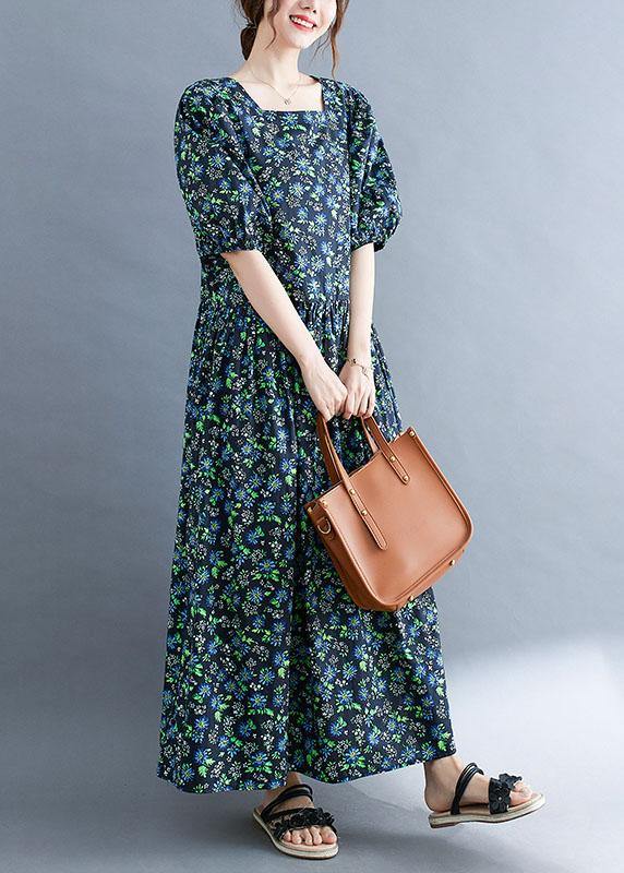 Black Loose Square Collar Print Pockets Summer Robe Dresses Puff Sleeve - SooLinen