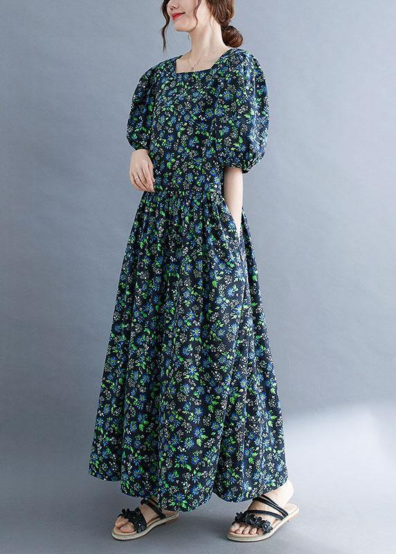 Black Loose Square Collar Print Pockets Summer Robe Dresses Puff Sleeve - SooLinen