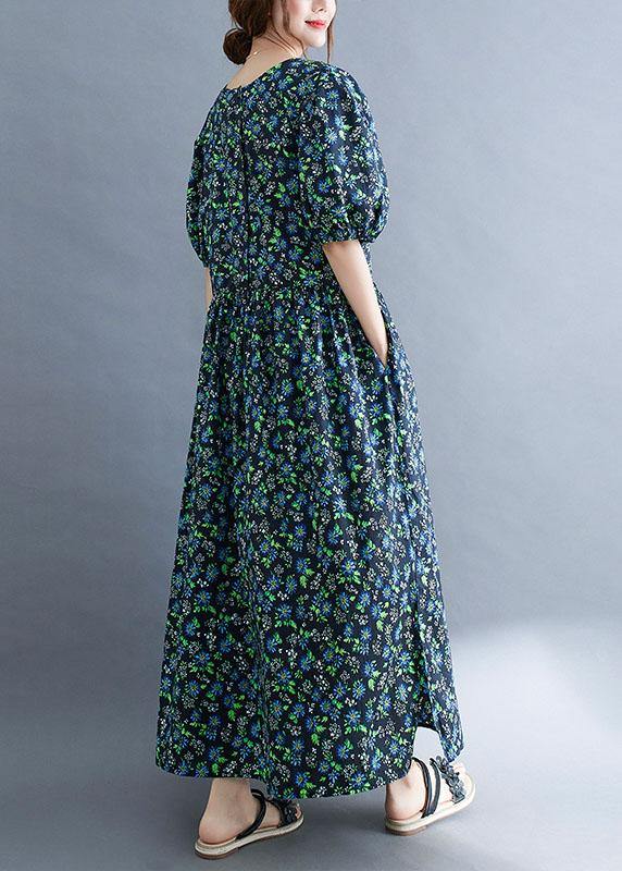 Black Loose Square Collar Print Pockets Summer Robe Dresses Puff Sleeve - SooLinen