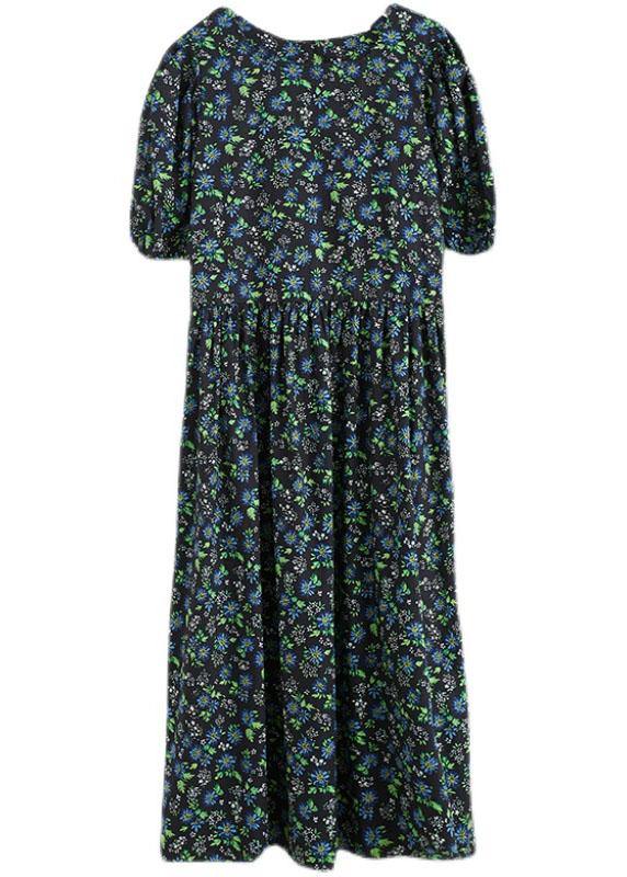 Black Loose Square Collar Print Pockets Summer Robe Dresses Puff Sleeve - SooLinen