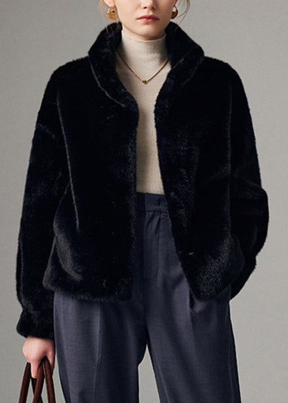 Abrigo grueso de terciopelo de visón negro con bolsillos para invierno