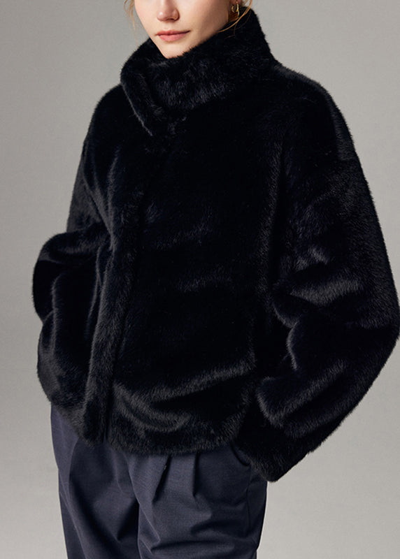 Abrigo grueso de terciopelo de visón negro con bolsillos para invierno