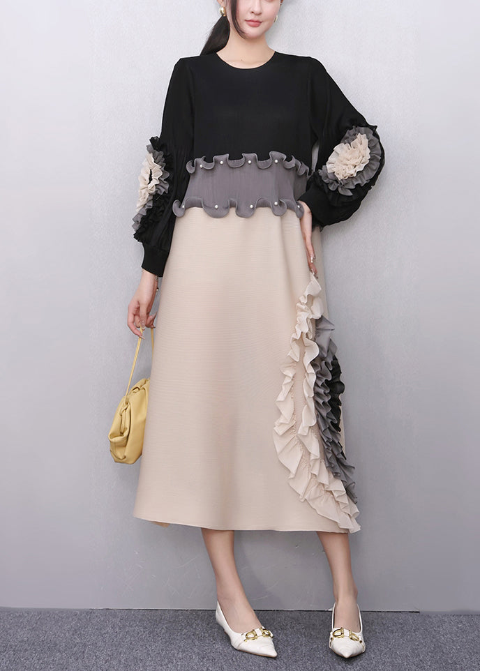 Black Nail Bead Floral Patchwork Fall Maxi Dresses Ruffled