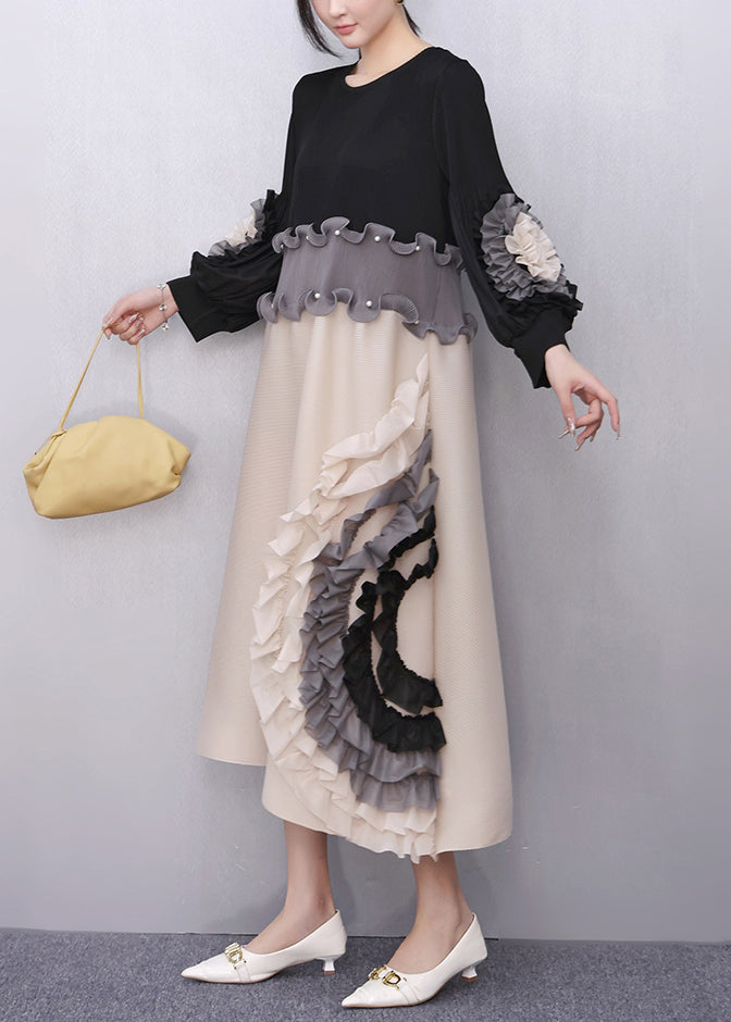 Black Nail Bead Floral Patchwork Fall Maxi Dresses Ruffled