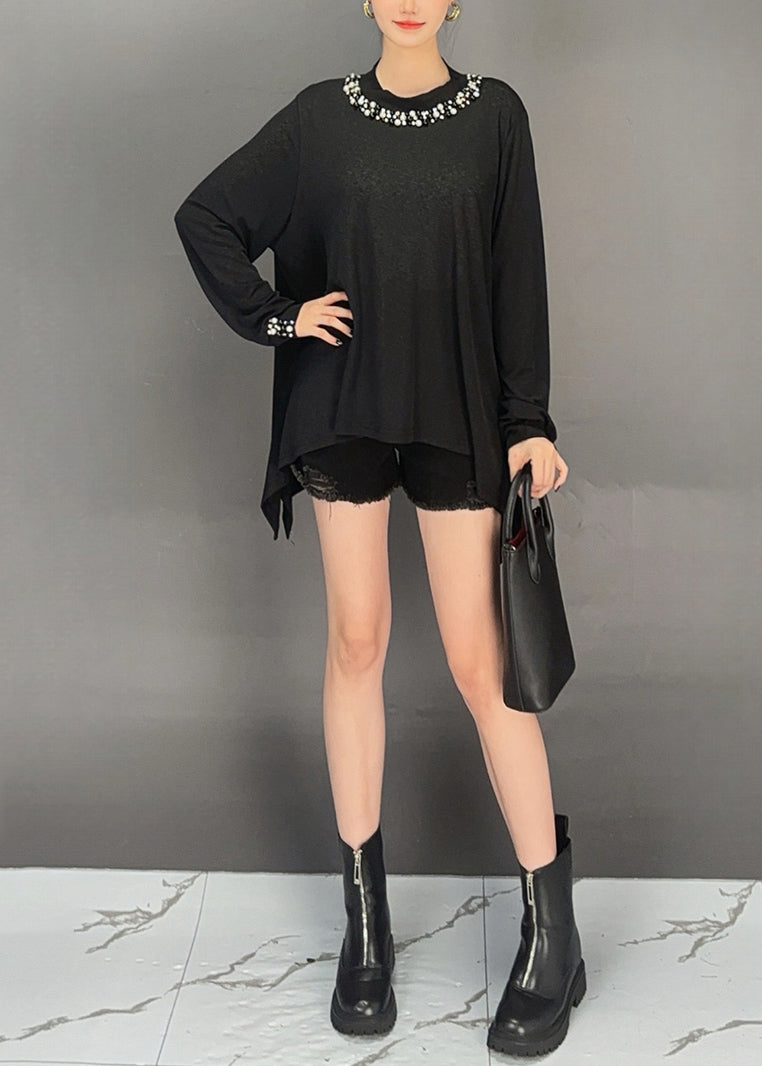 Black Nail Bead Solid Thin Cotton T Shirt Asymmetrical