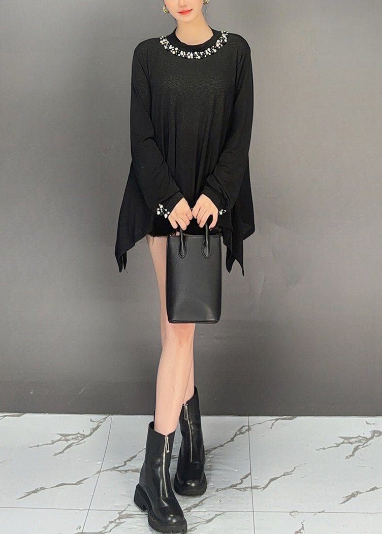 Black Nail Bead Solid Thin Cotton T Shirt Asymmetrical