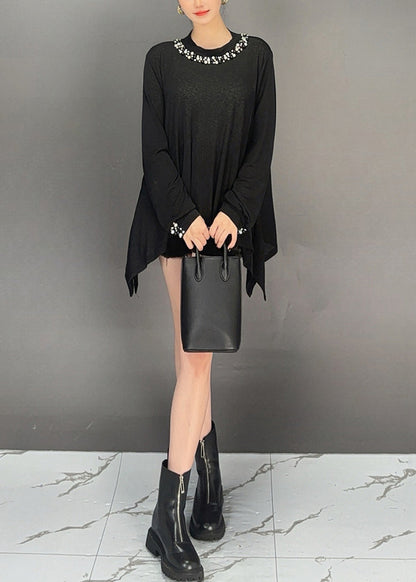 Black Nail Bead Solid Thin Cotton T Shirt Asymmetrical