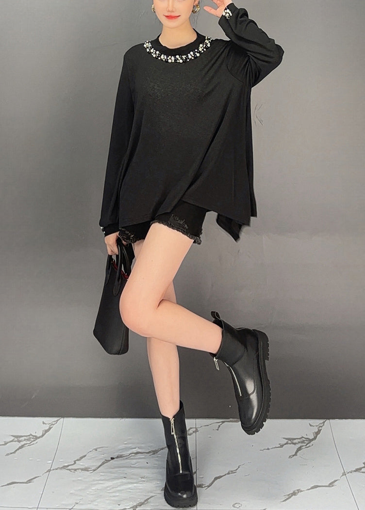 Black Nail Bead Solid Thin Cotton T Shirt Asymmetrical