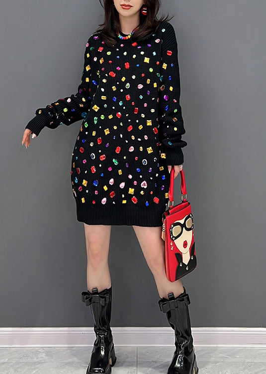 Schwarzes O-Ausschnitt Bright Diamond Strick Midikleid Winter