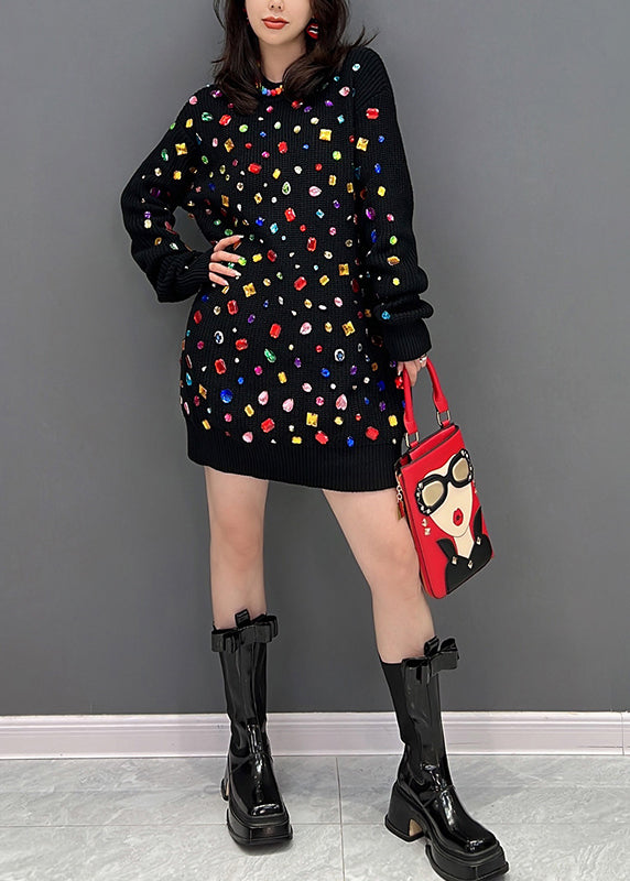 Schwarzes O-Ausschnitt Bright Diamond Strick Midikleid Winter