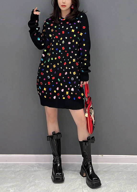 Schwarzes O-Ausschnitt Bright Diamond Strick Midikleid Winter