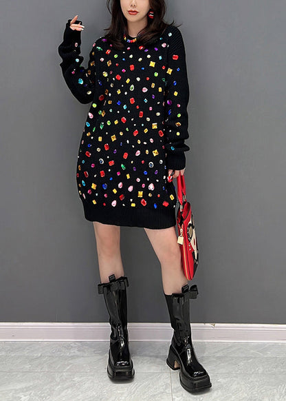 Schwarzes O-Ausschnitt Bright Diamond Strick Midikleid Winter