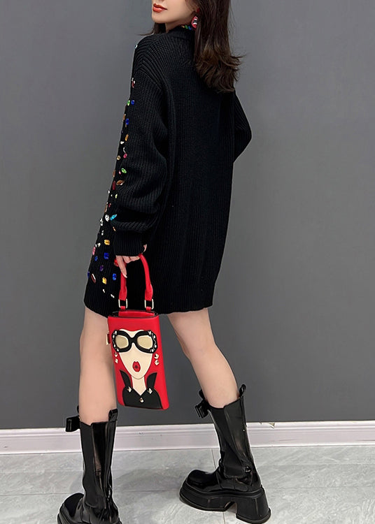 Schwarzes O-Ausschnitt Bright Diamond Strick Midikleid Winter