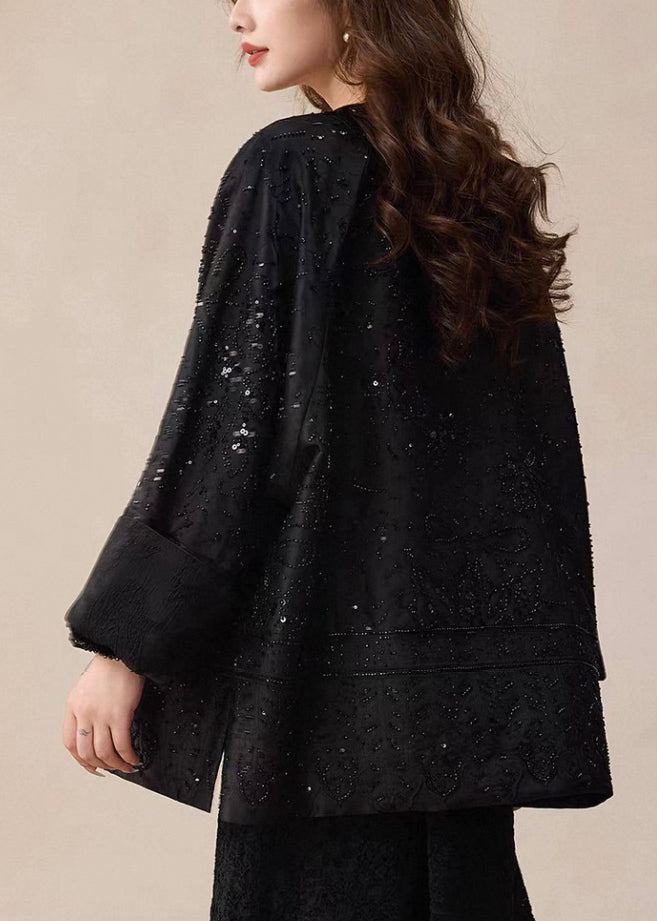 Black O-Neck Button Coat Embroidered Winter