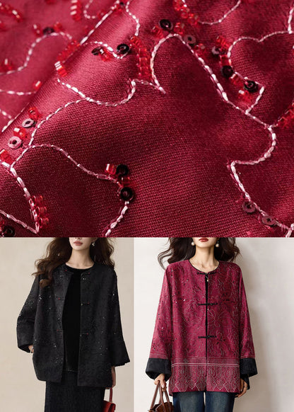 Black O-Neck Button Coat Embroidered Winter