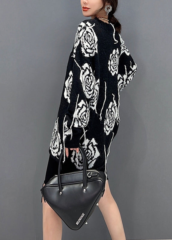 Schwarzer Strickpullover mit O-Ausschnitt und Print für den Herbst