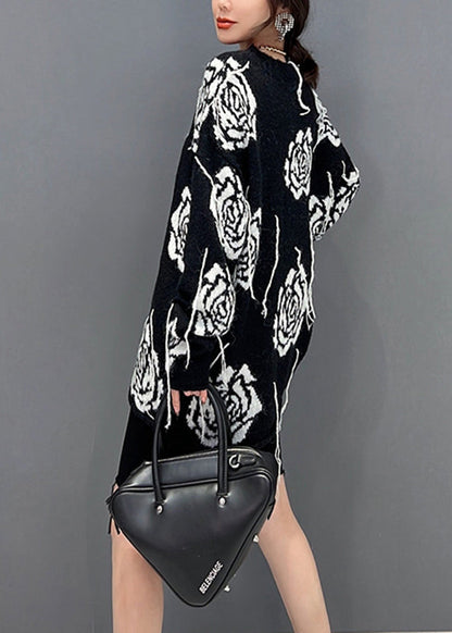 Schwarzer Strickpullover mit O-Ausschnitt und Print für den Herbst