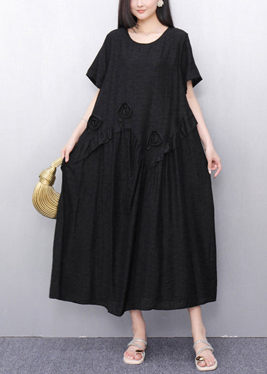 Black O-Neck Solid Long Dress Short Sleeve