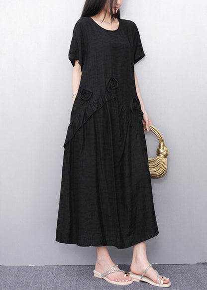 Black O-Neck Solid Long Dress Short Sleeve