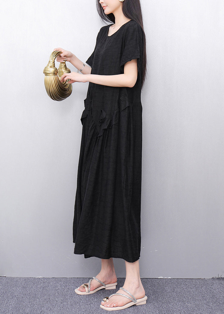 Black O-Neck Solid Long Dress Short Sleeve