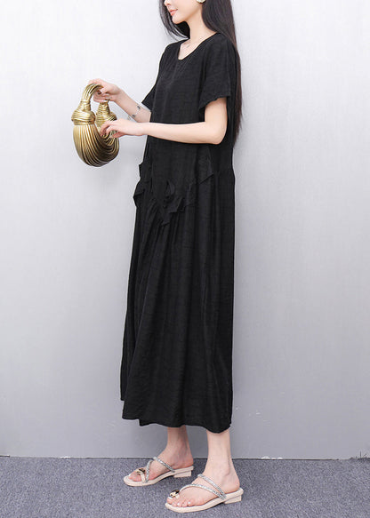 Black O-Neck Solid Long Dress Short Sleeve