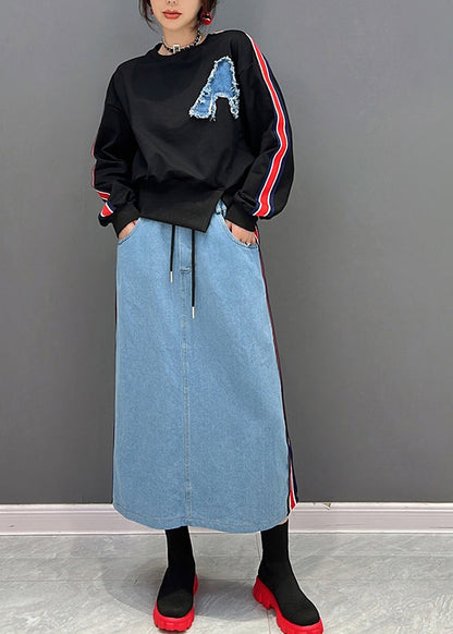 Schwarzer O-Ausschnitt gestreifter Pullover und Röcke Zweiteiliger Anzug