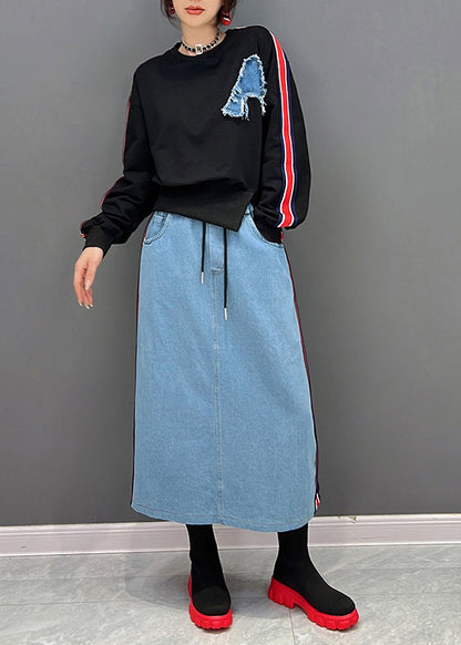 Schwarzer O-Ausschnitt gestreifter Pullover und Röcke Zweiteiliger Anzug